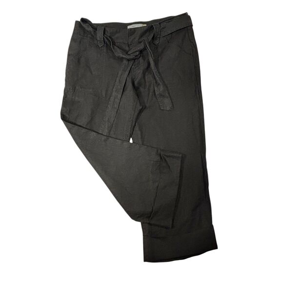 Y2K OLD NAVY Linen Cropped Pants Black Wide Leg Cuffed Tie Belt - Picture 1 of 11